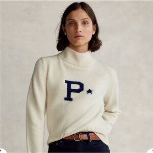Ralph Lauren Polo Wool Cashmere Letter Logo Intarsia Cream Blue P Knit Sweater
